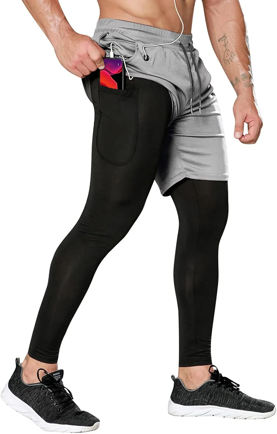 OEBLD Mens 2 in 1 Athletic Running Pants Quick Dry Gym Workout Shorts for Men Compression Pants with Pockets