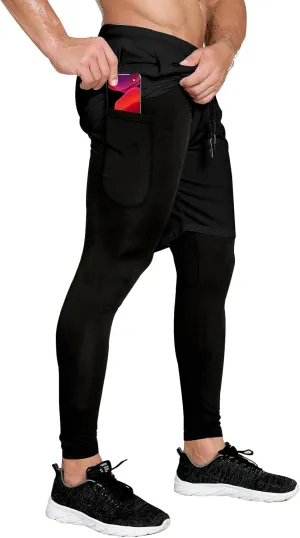 OEBLD Mens 2 in 1 Athletic Running Pants Quick Dry Gym Workout Shorts for Men Compression Pants with Pockets