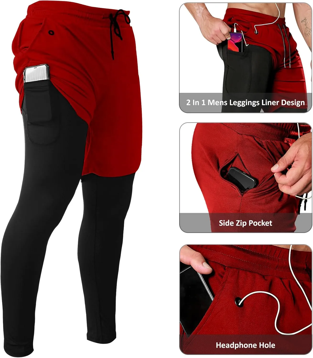 OEBLD Mens 2 in 1 Athletic Running Pants Quick Dry Gym Workout Shorts for Men Compression Pants with Pockets