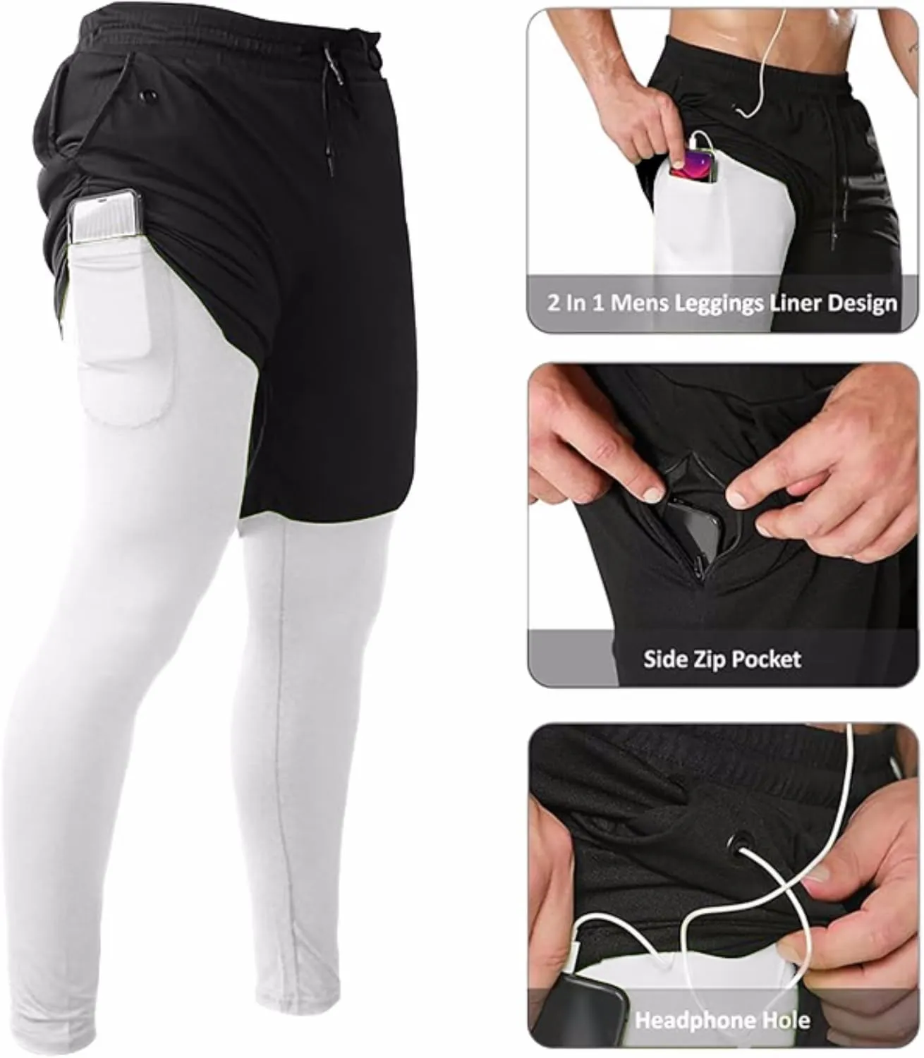 OEBLD Mens 2 in 1 Athletic Running Pants Quick Dry Gym Workout Shorts for Men Compression Pants with Pockets