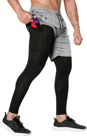 OEBLD Mens 2 in 1 Athletic Running Pants Quick Dry Gym Workout Shorts for Men Compression Pants with Pockets