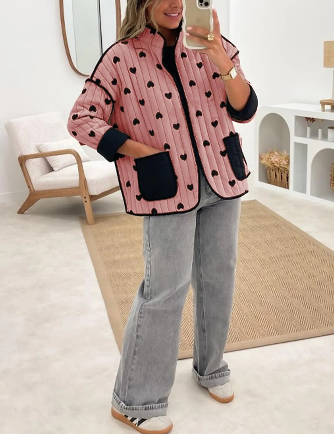 Omoone Women's Cropped Quilted Jacket Floral Printed LightWeight Padded Puffer Cardigan Coat Outwear