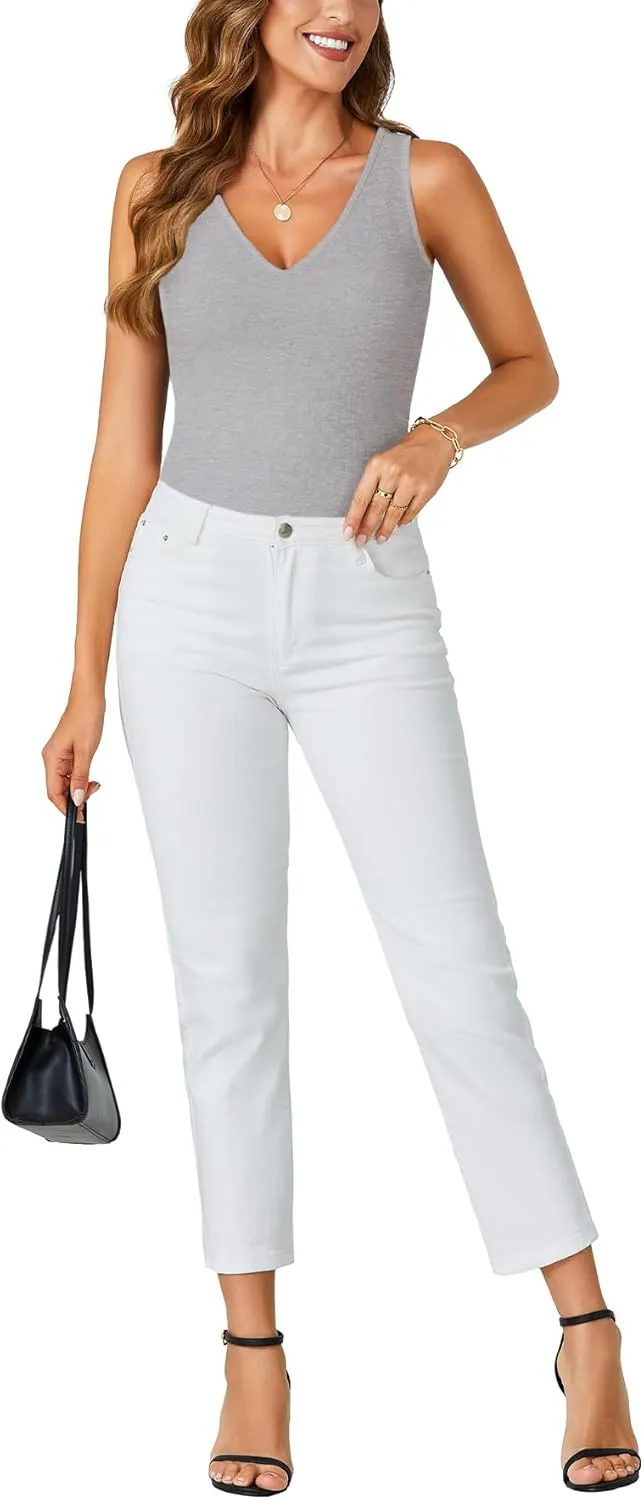 OPOIPIN Women's V Neck Ribbed Knit Slim Fit Solid Basic Sleeveless Tank Top Tee