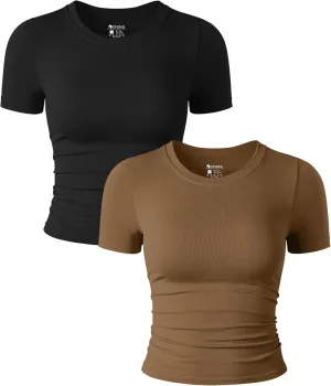 OQQ Womens 2 Piece Shirts Short Sleeve Crew Neck Ruched Stretch Fitted Tee Shirts Crop Tops