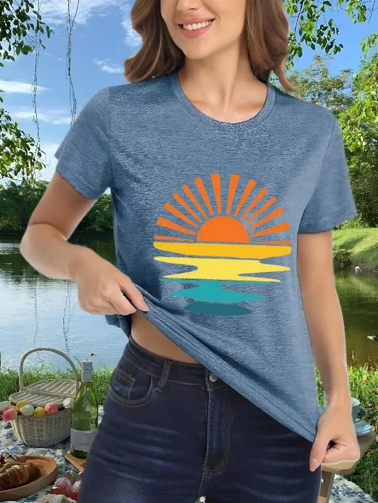 Outdoor Shirts for Women Retro Graphic Print Hiking Mountain T Shirts Summer Comfort Beach Hiking Workout Tee Tops