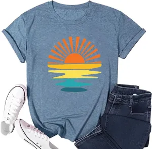 Outdoor Shirts for Women Retro Graphic Print Hiking Mountain T Shirts Summer Comfort Beach Hiking Workout Tee Tops