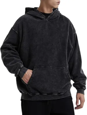 Oversized Acid Wash Vintage Hoodie Men Cotton Heavyweight Baggy Trendy Streetwear Hooded Sweatshirt Basic Pullover