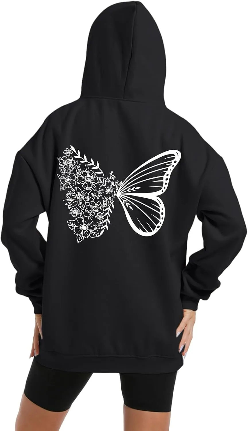 Oversized Cute Graphic Aesthetic Hoodies for Women Teen Girls Floral Butterfly Print Hooded Sweatshirt Pullover Tops