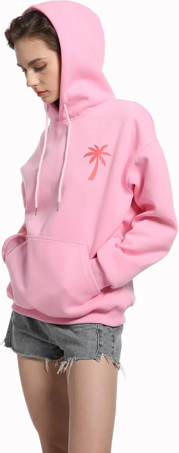 Oversized Preppy Sweatshirt,Printing Hibiscus Hoodies For Teen Girls,Pink Drawstring Pullover