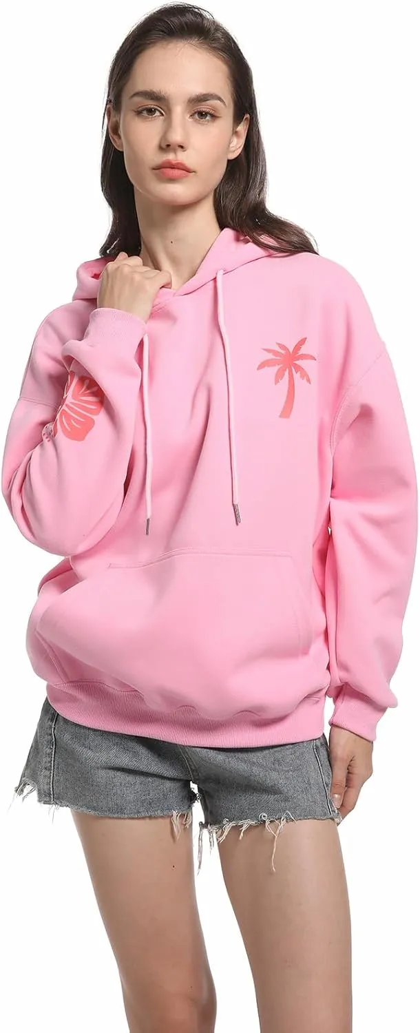 Oversized Preppy Sweatshirt,Printing Hibiscus Hoodies For Teen Girls,Pink Drawstring Pullover