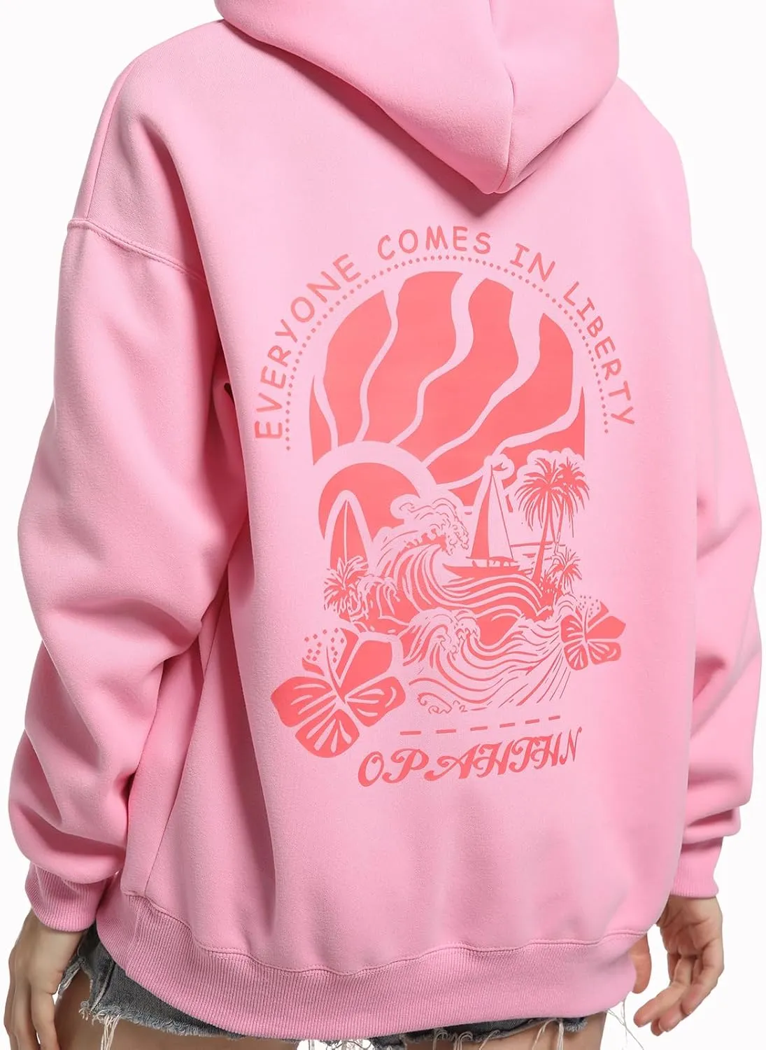 Oversized Preppy Sweatshirt,Printing Hibiscus Hoodies For Teen Girls,Pink Drawstring Pullover