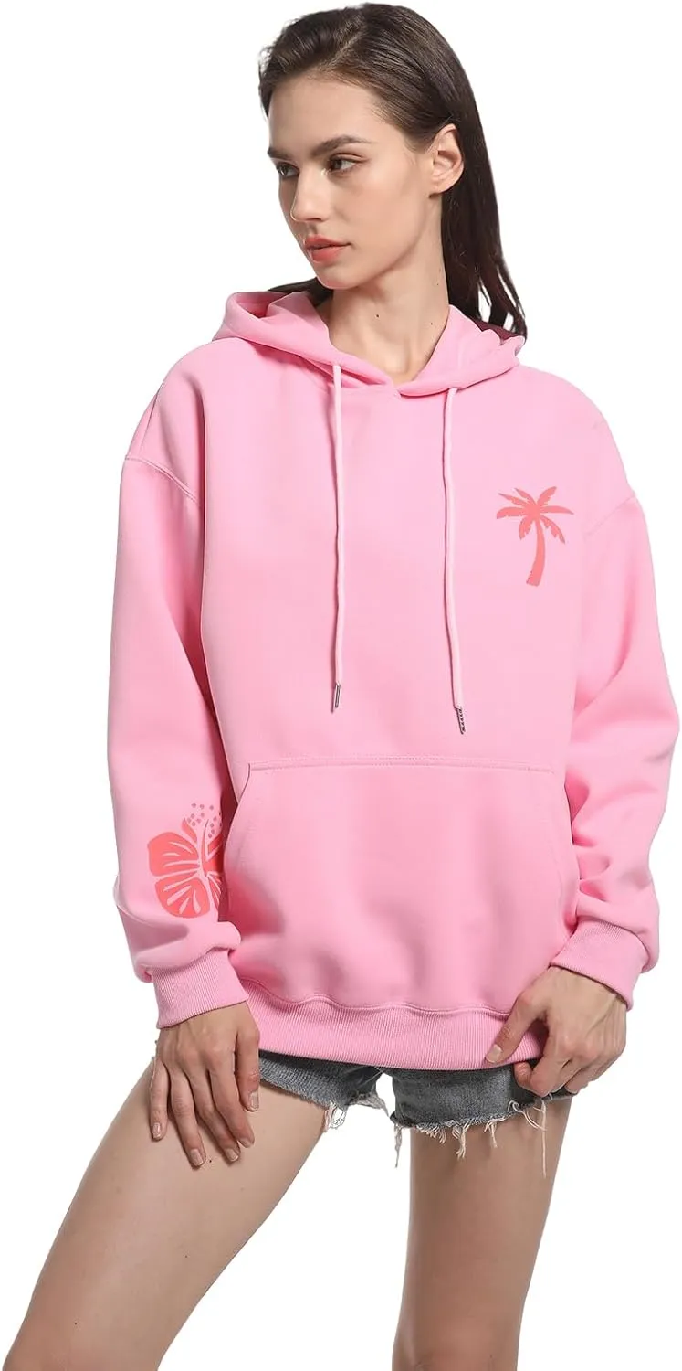 Oversized Preppy Sweatshirt,Printing Hibiscus Hoodies For Teen Girls,Pink Drawstring Pullover
