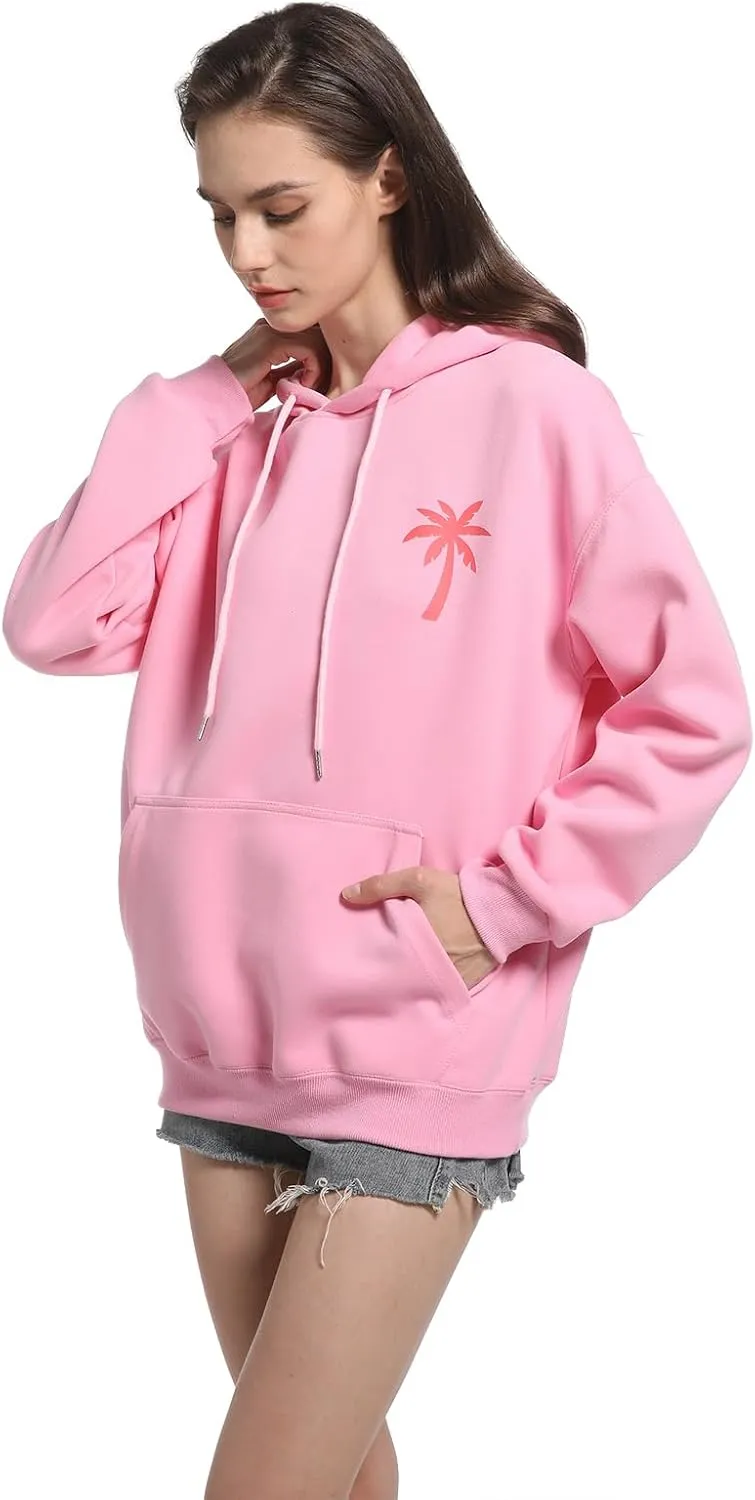 Oversized Preppy Sweatshirt,Printing Hibiscus Hoodies For Teen Girls,Pink Drawstring Pullover