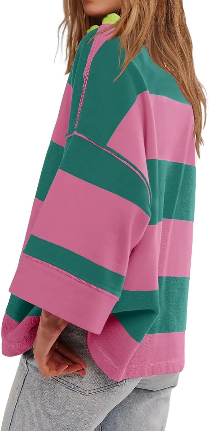 Oversized Striped Long Sleeve Sweatshirts For Women Half Zip Casual Loose Pullover Hoodies Fall Tops With Pockets
