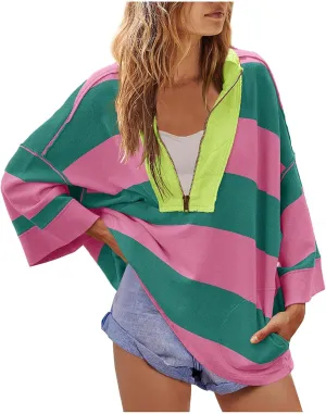 Oversized Striped Long Sleeve Sweatshirts For Women Half Zip Casual Loose Pullover Hoodies Fall Tops With Pockets