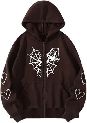 Oversized Y2K Zip Up Hoodie for Women Men Gothic Spider Web Heart Graphic Sweatshirt Punk Harajuku Alt Emo Streetwear