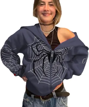 Oversized Zip up Hoodie for Women,Womens Y2k Zip Up Spider Graphic Hoodie,Halloween Rhinestone Oversized Hoodies
