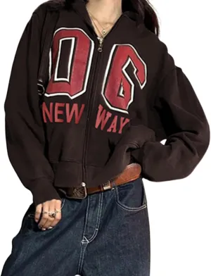 Oversized Zip Up Hoodie Women Number 06 Graphic Hooded Sweatshirt Y2k Jacket Streetwear for Fall Winter 2024