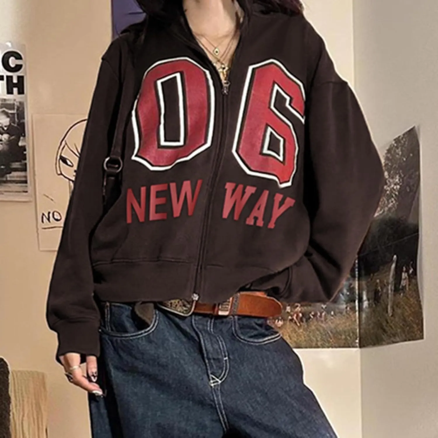 Oversized Zip Up Hoodie Women Number 06 Graphic Hooded Sweatshirt Y2k Jacket Streetwear for Fall Winter 2024