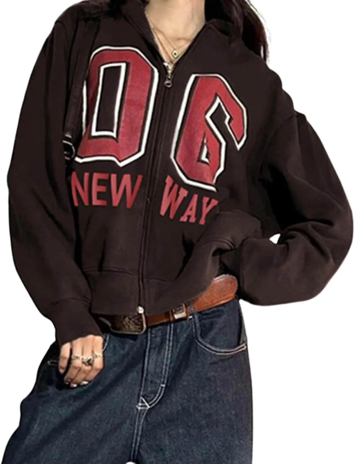 Oversized Zip Up Hoodie Women Number 06 Graphic Hooded Sweatshirt Y2k Jacket Streetwear for Fall Winter 2024