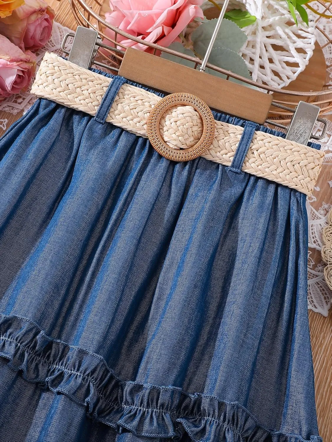 OYOANGLE Girl's Cute High Elastic Waist Frill Trim A Line Flared Swing Flowy Midi Skirt