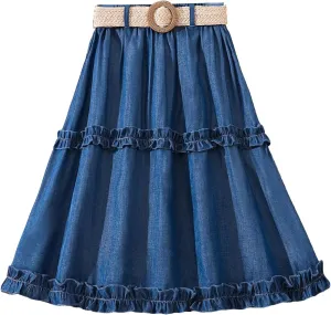 OYOANGLE Girl's Cute High Elastic Waist Frill Trim A Line Flared Swing Flowy Midi Skirt