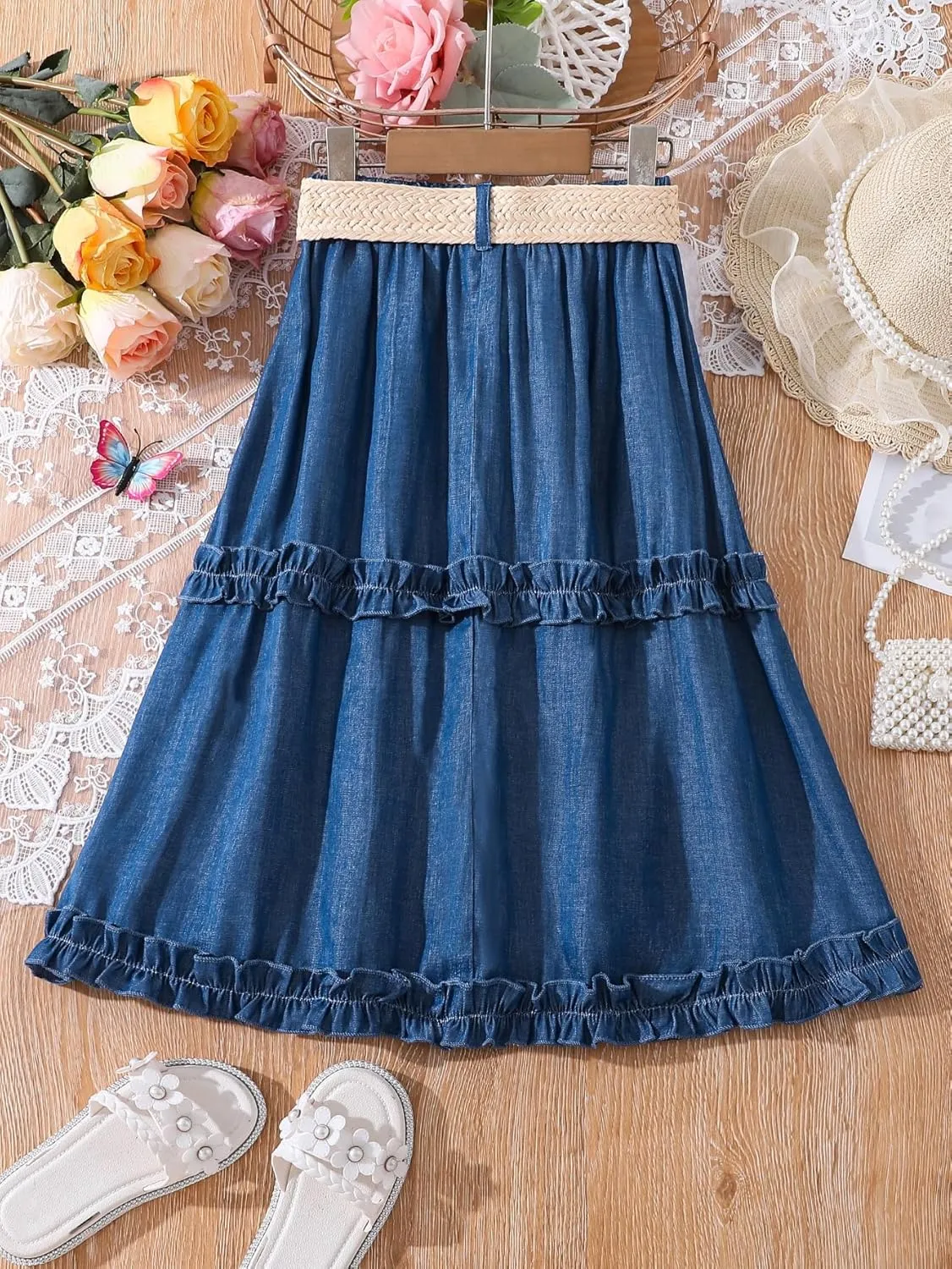 OYOANGLE Girl's Cute High Elastic Waist Frill Trim A Line Flared Swing Flowy Midi Skirt