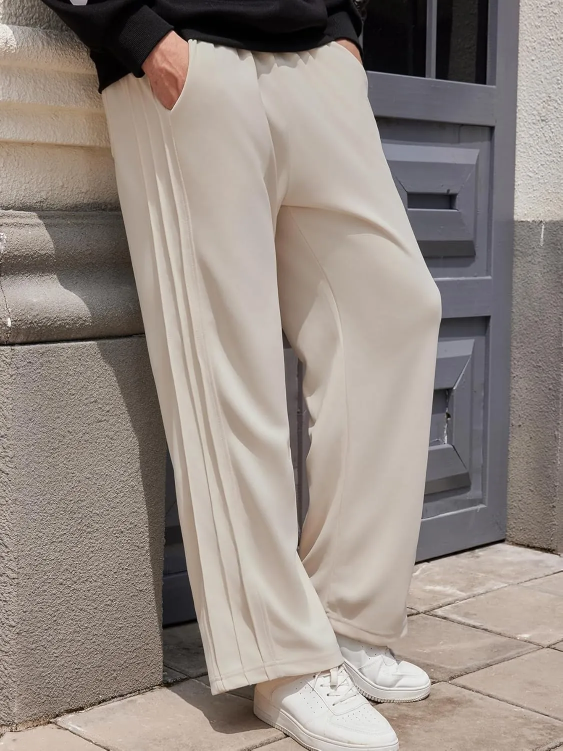 OYOANGLE Men's Textured Elastic Drawstring Waist Straight Leg Pants Casual Track Pants Sweatpants