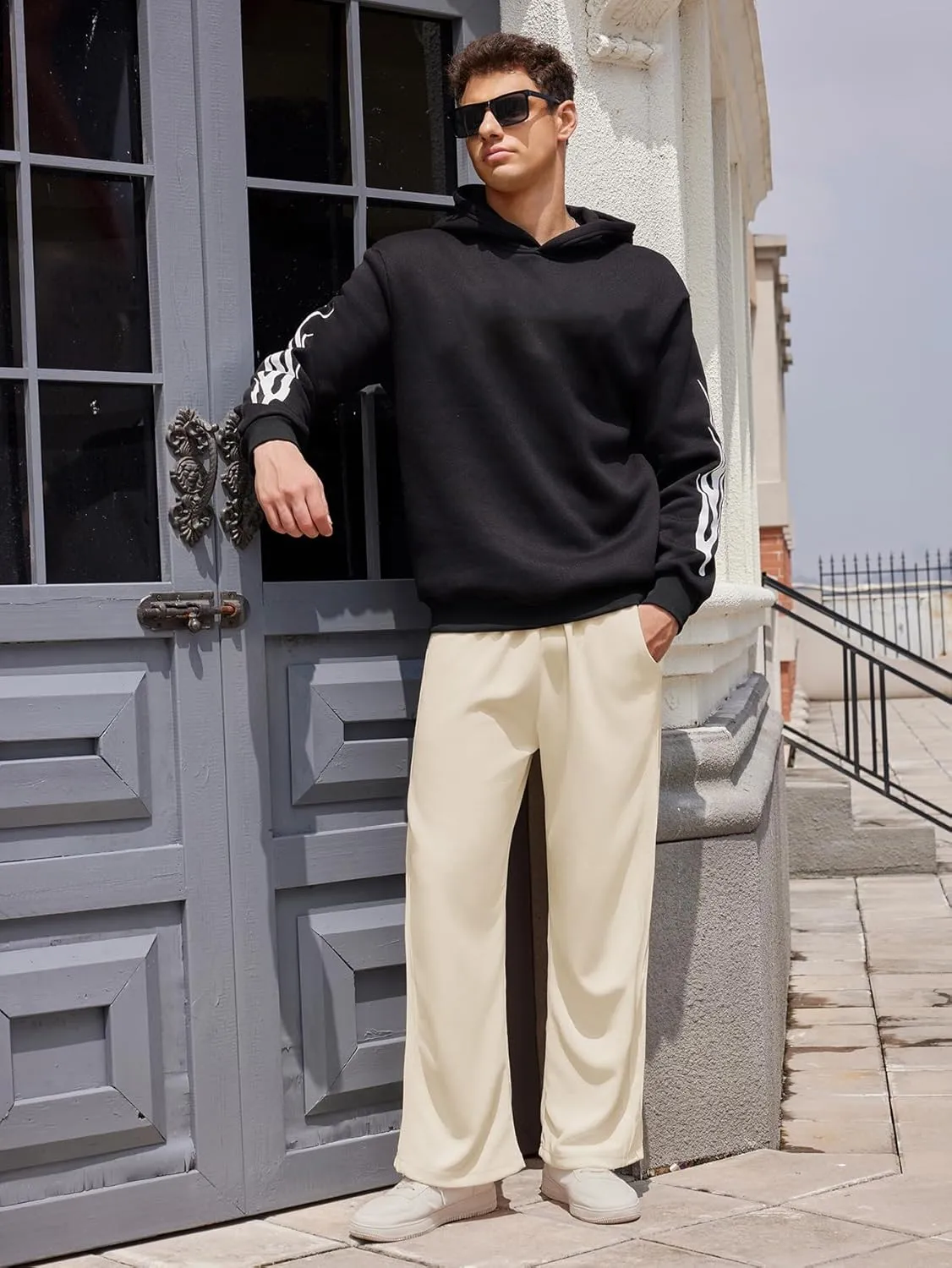 OYOANGLE Men's Textured Elastic Drawstring Waist Straight Leg Pants Casual Track Pants Sweatpants