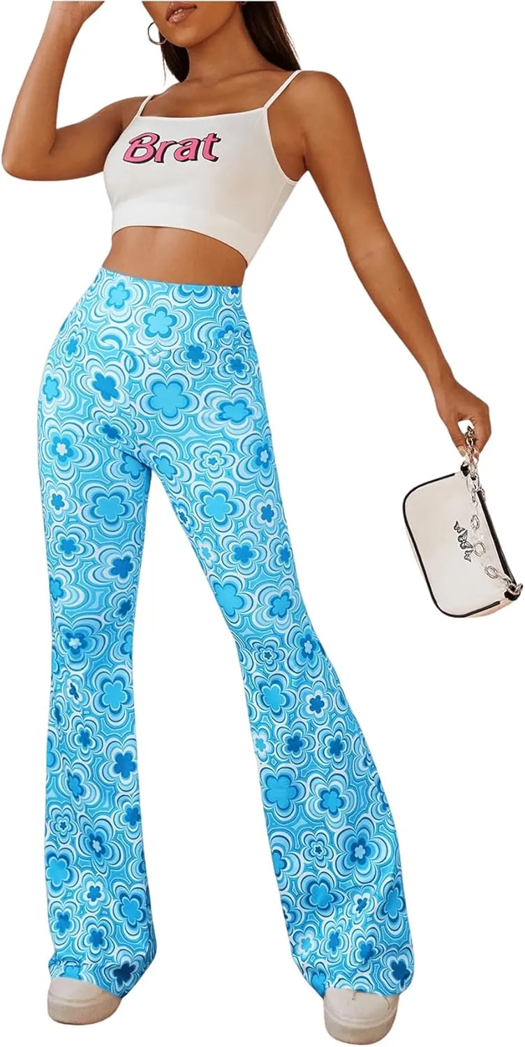 OYOANGLE Women's Floral Print High Waist Yoga Pants Wide Leg Pants Bell Bottom Trousers