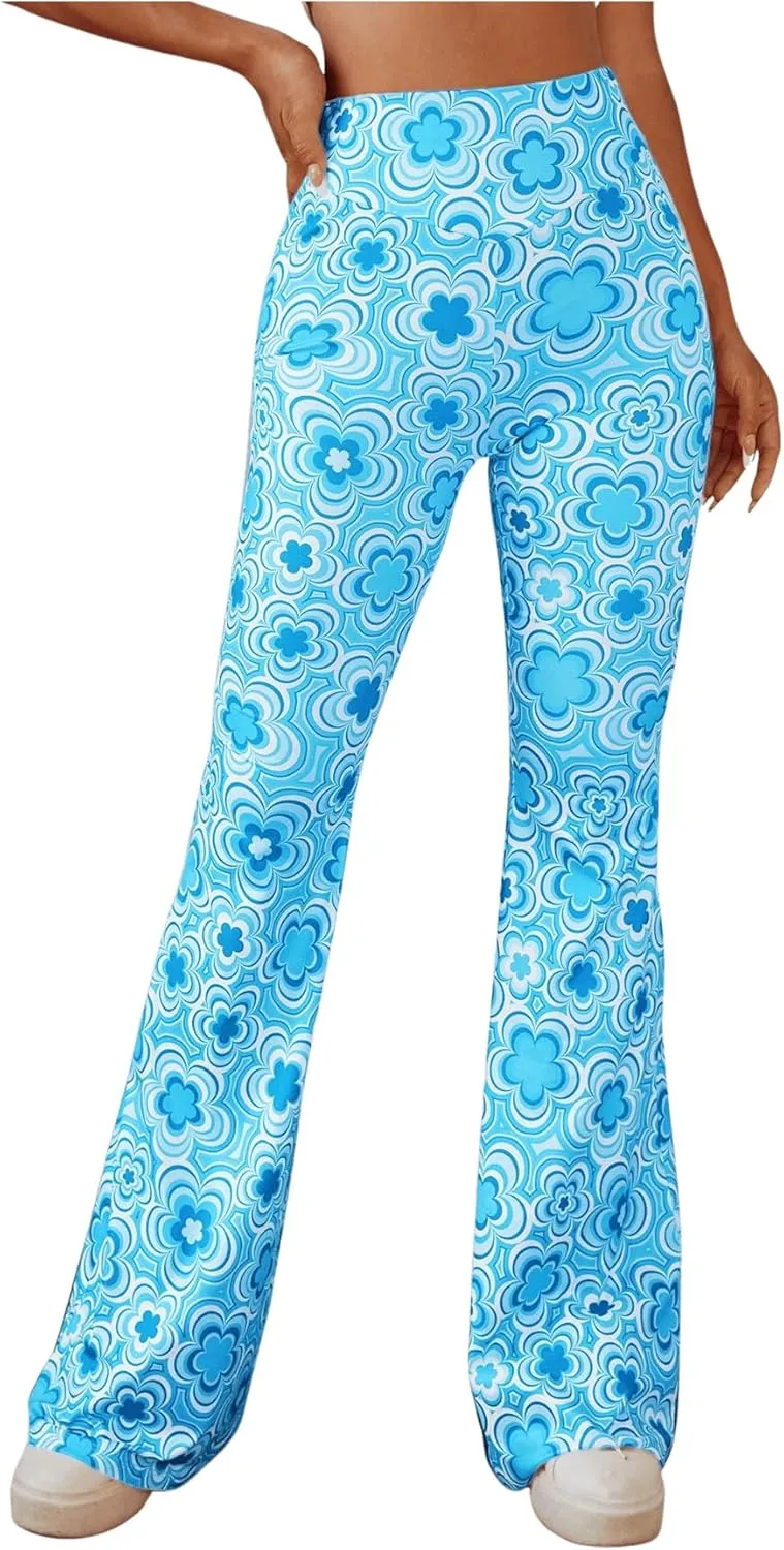 OYOANGLE Women's Floral Print High Waist Yoga Pants Wide Leg Pants Bell Bottom Trousers