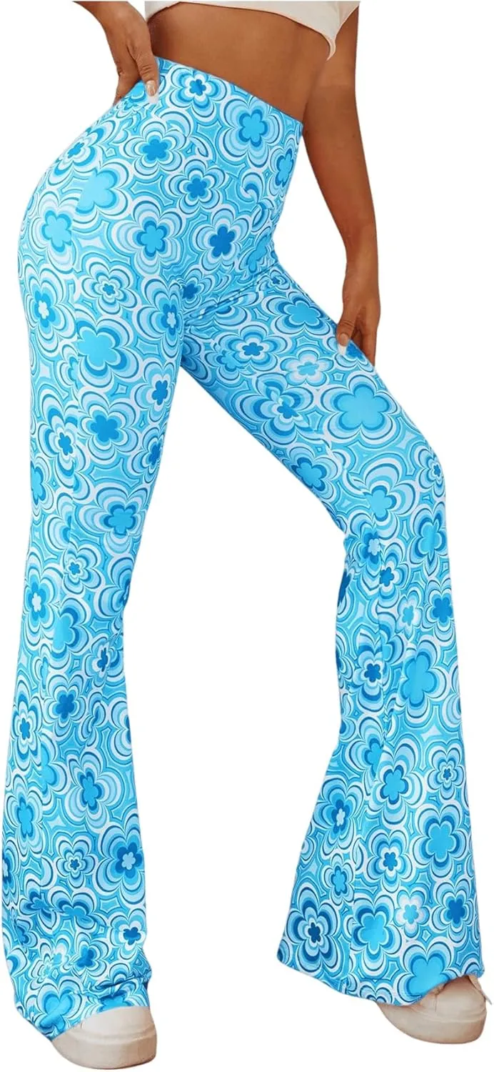 OYOANGLE Women's Floral Print High Waist Yoga Pants Wide Leg Pants Bell Bottom Trousers