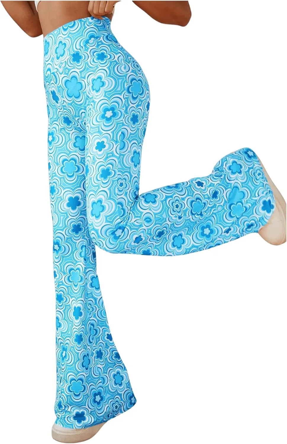 OYOANGLE Women's Floral Print High Waist Yoga Pants Wide Leg Pants Bell Bottom Trousers
