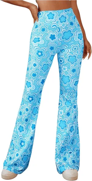 OYOANGLE Women's Floral Print High Waist Yoga Pants Wide Leg Pants Bell Bottom Trousers