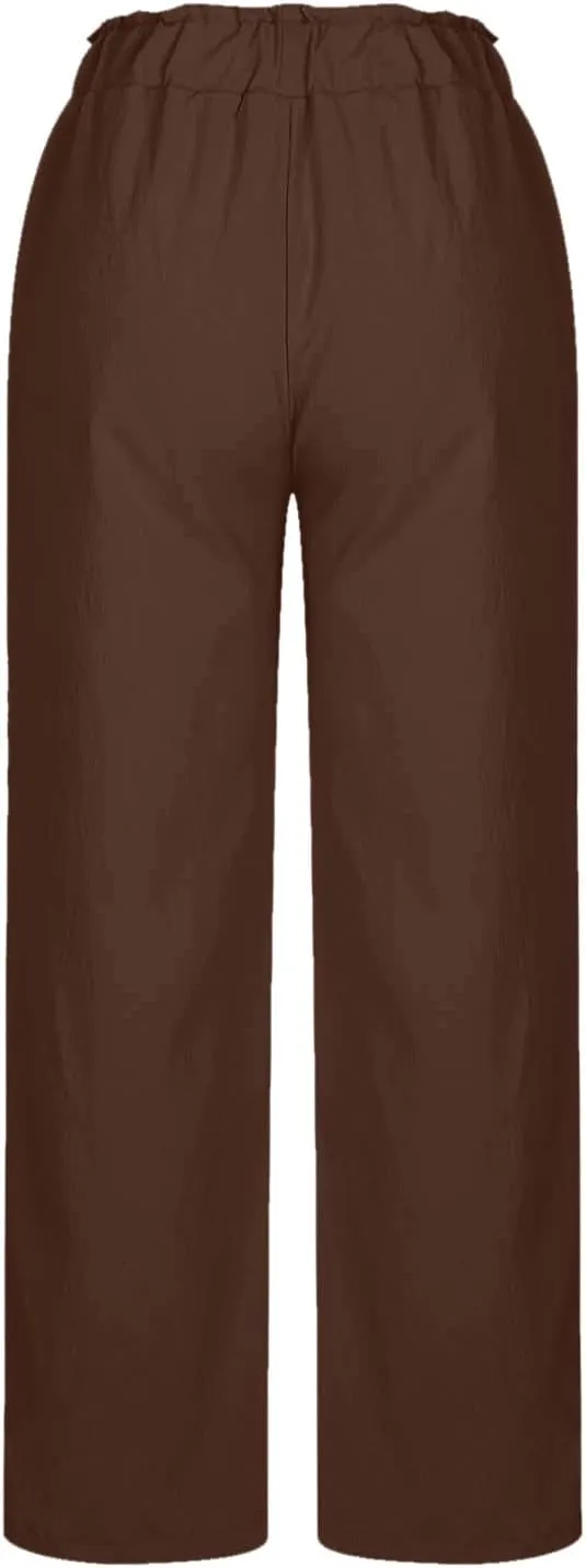 Palazzo Pants for Women Summer Casual Flowy Cotton Linen Wide Leg Pants Elastic High Waist Trendy Trousers