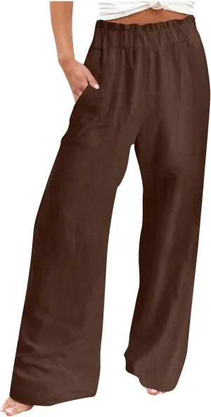 Palazzo Pants for Women Summer Casual Flowy Cotton Linen Wide Leg Pants Elastic High Waist Trendy Trousers