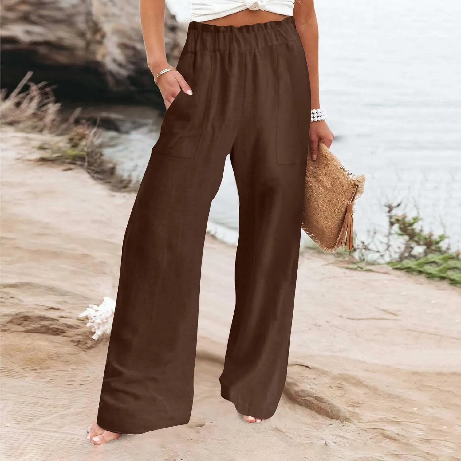 Palazzo Pants for Women Summer Casual Flowy Cotton Linen Wide Leg Pants Elastic High Waist Trendy Trousers