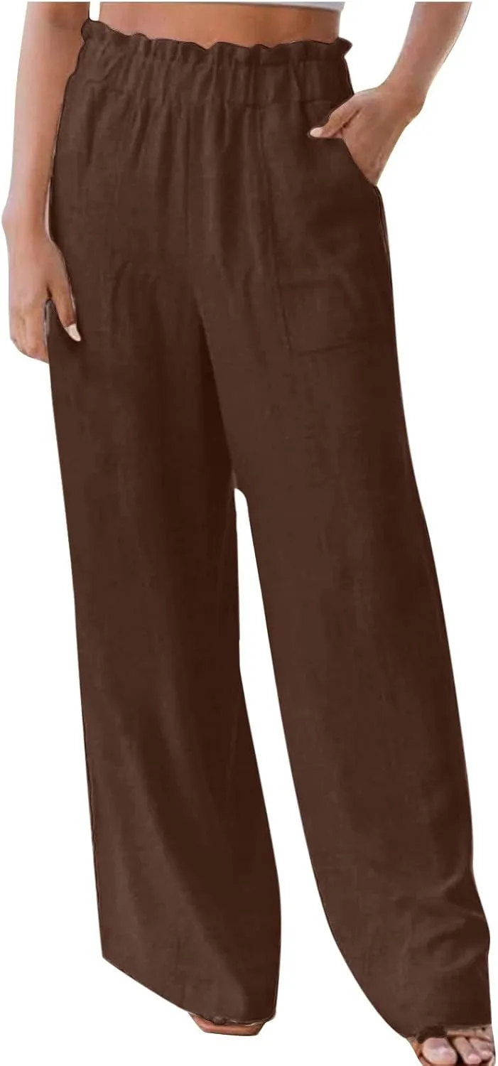 Palazzo Pants for Women Summer Casual Flowy Cotton Linen Wide Leg Pants Elastic High Waist Trendy Trousers