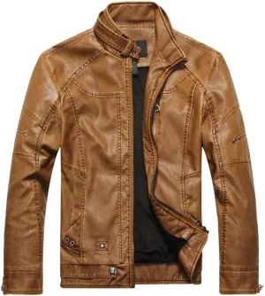 PASOK Men's Faux Leather Jacket Vintage Stand Collar Motorcycle PU Leather Outwear Coat