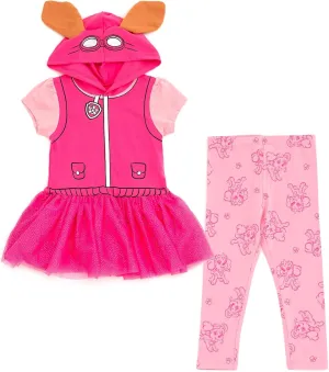 Paw Patrol Girls Hooded Cosplay T-Shirt Dress and Leggings Outfit Set Toddler to Little Kid Sizes (2T - 7-8)