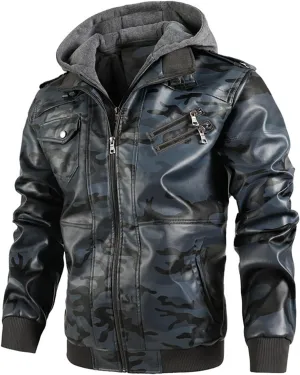 PEGENO Men's Lightweight Faux Leather Jacket Camouflage Motorcycle Jacke