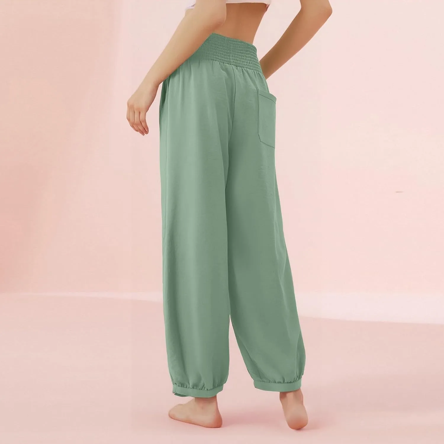 Petite Linen Pants for Women Wide Leg High Waisted Summer Palazzo Pants Lounge Loose Lightweight Flowy Beach Trousers