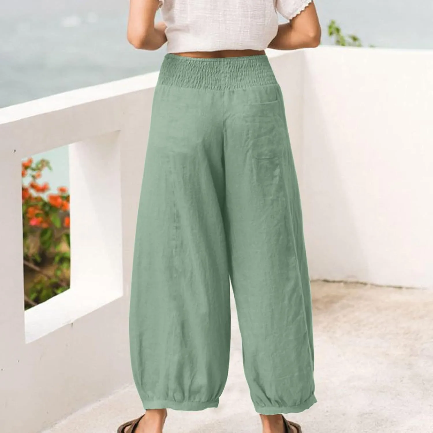 Petite Linen Pants for Women Wide Leg High Waisted Summer Palazzo Pants Lounge Loose Lightweight Flowy Beach Trousers