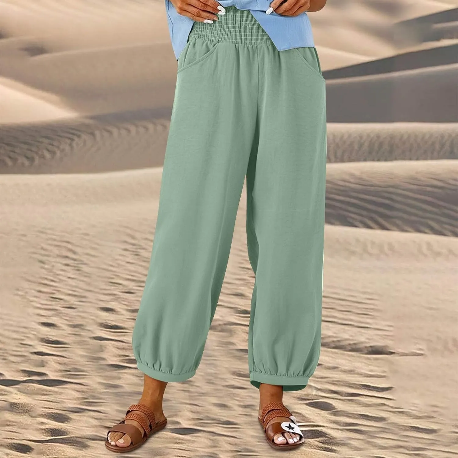 Petite Linen Pants for Women Wide Leg High Waisted Summer Palazzo Pants Lounge Loose Lightweight Flowy Beach Trousers
