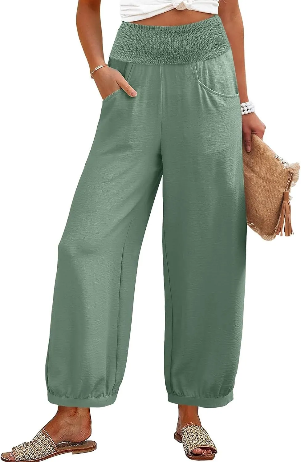 Petite Linen Pants for Women Wide Leg High Waisted Summer Palazzo Pants Lounge Loose Lightweight Flowy Beach Trousers