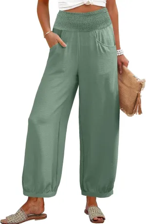 Petite Linen Pants for Women Wide Leg High Waisted Summer Palazzo Pants Lounge Loose Lightweight Flowy Beach Trousers