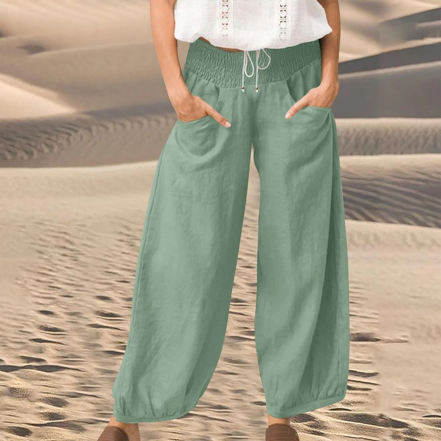 Petite Linen Pants for Women Wide Leg High Waisted Summer Palazzo Pants Lounge Loose Lightweight Flowy Beach Trousers
