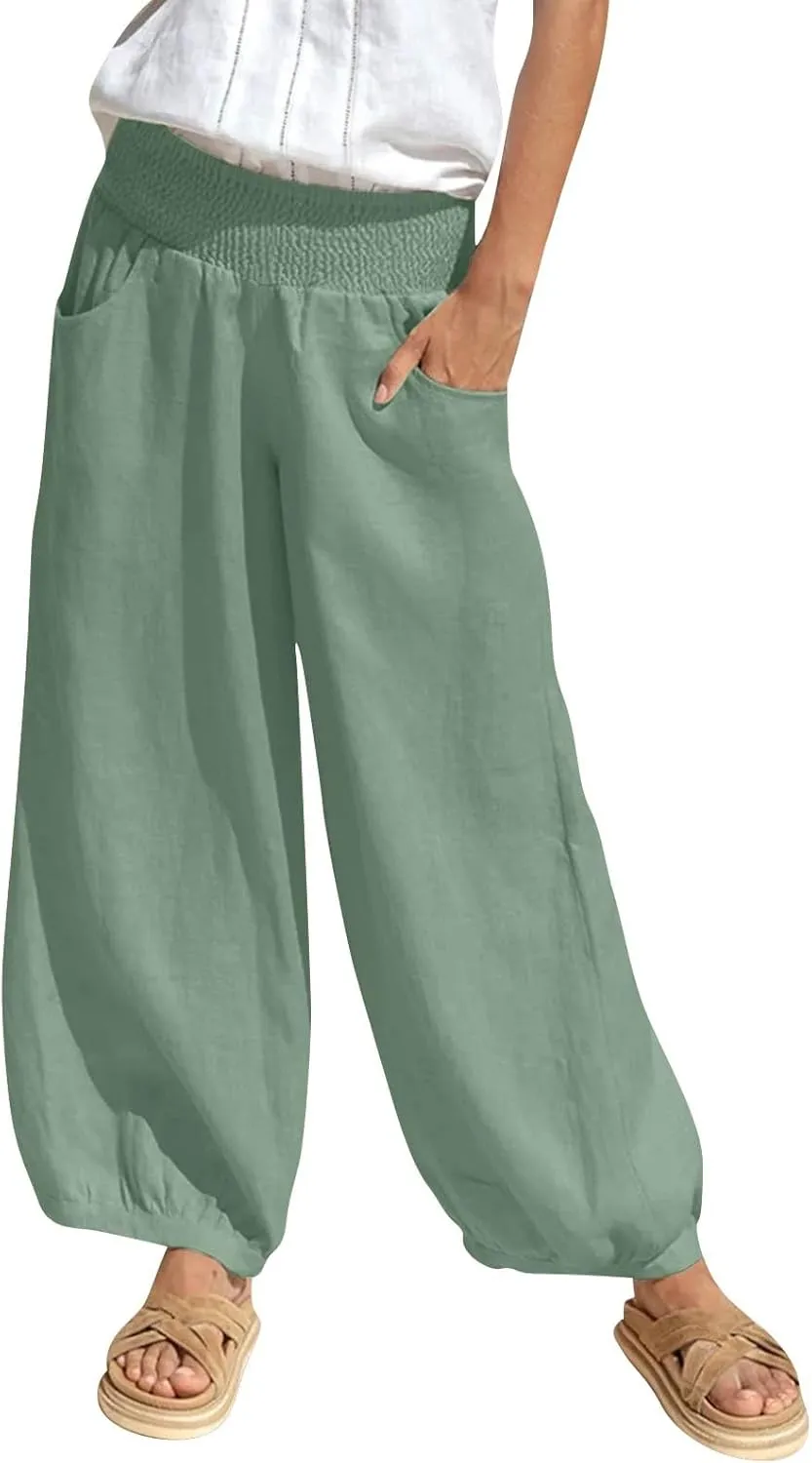 Petite Linen Pants for Women Wide Leg High Waisted Summer Palazzo Pants Lounge Loose Lightweight Flowy Beach Trousers