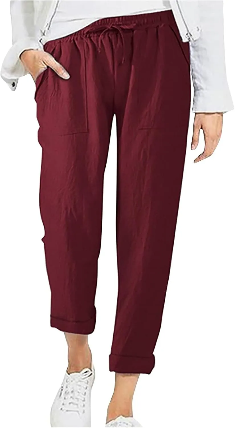 Plus Size Cotton Pants for Women Linen Blend Plus Size Drawstring Pants Folded Hem Lightweight Summer Pants