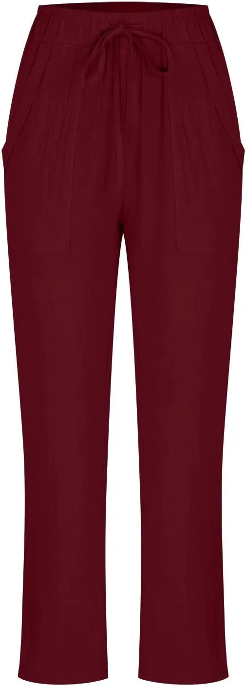 Plus Size Cotton Pants for Women Linen Blend Plus Size Drawstring Pants Folded Hem Lightweight Summer Pants
